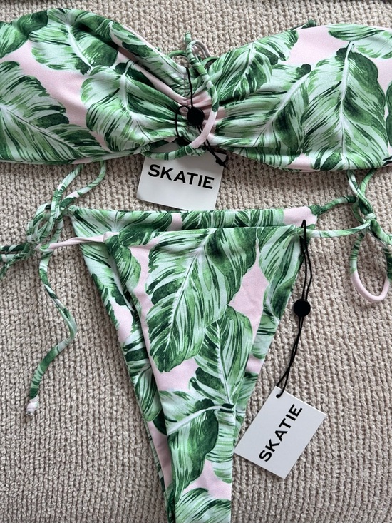 Skatie Other - Skatie Pink & Green Tropical Leaf Tie Bikini Set